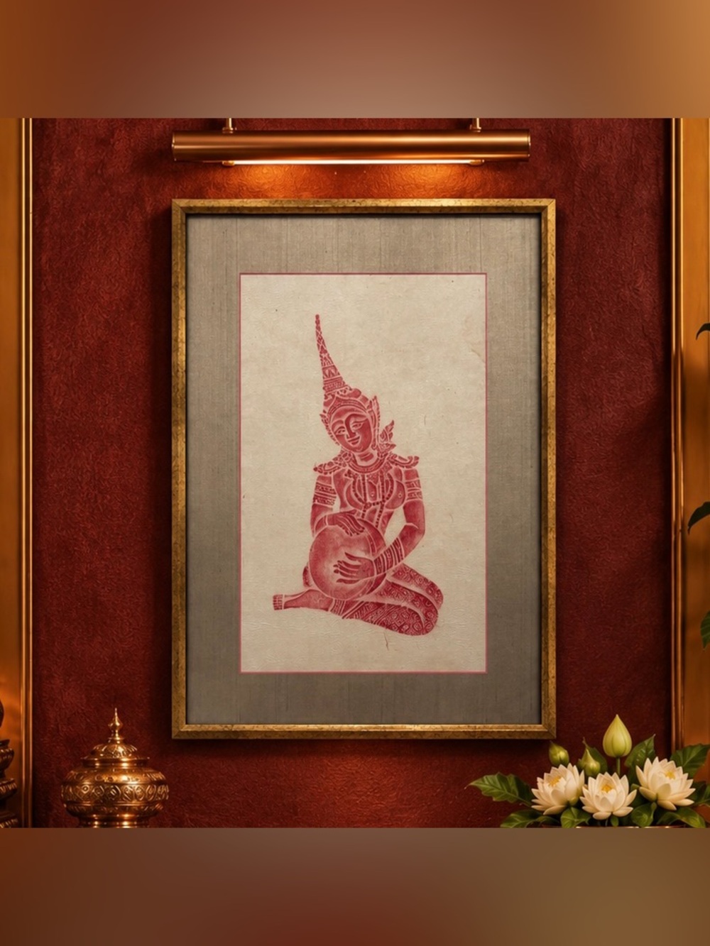 Red THAI THAILAND Vintage Mid-Century Modern Rubbing Original Reliefs MCM FRAMED
